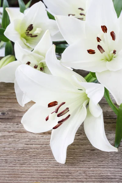 Белые лилии на деревянном фоне — стоковое фото