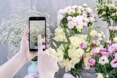 Çiçekler online sipariş. Sm'si ile bitkilerin fotoğrafını çeken kadın