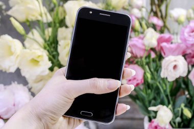 Çiçekler online sipariş. Sm'si ile bitkilerin fotoğrafını çeken kadın