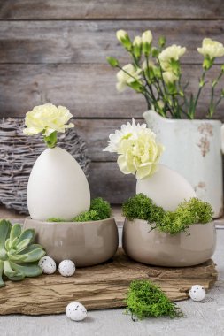 Kaz yumurtası, karanfil, krizantem çiçek aranjmanı ve