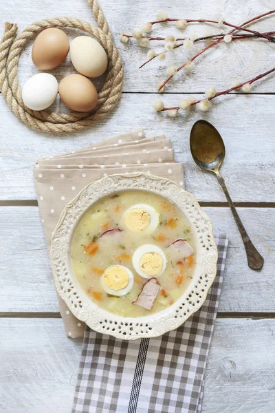 The sour rye soup made of soured rye flour and meat — Stock Photo, Image