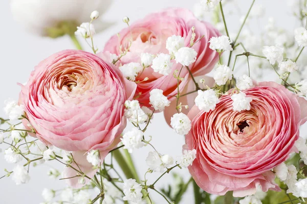 Flores de ranúnculo rosa e pequeno gypsophila paniculata branco . — Fotografia de Stock