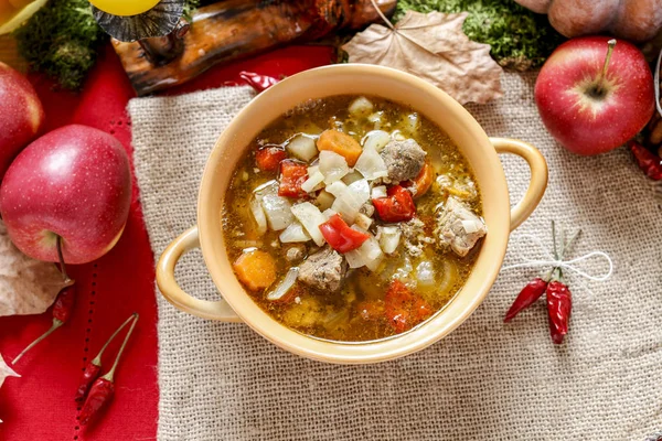 Sopa de gulash con verduras frescas y carne . —  Fotos de Stock