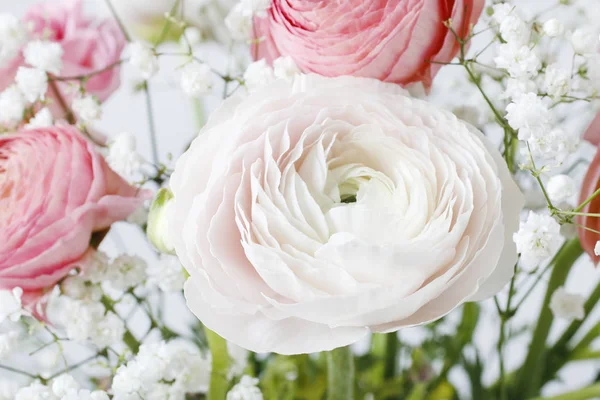 Flores de ranúnculo rosa y diminuta gypsophila paniculata blanca . —  Fotos de Stock