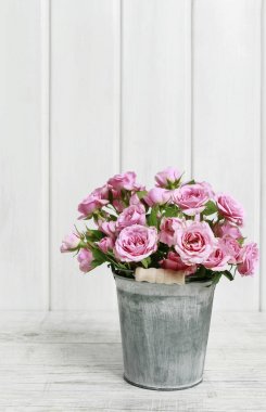 Beyaz ahşap arka plan üzerinde pembe güller ile Kova