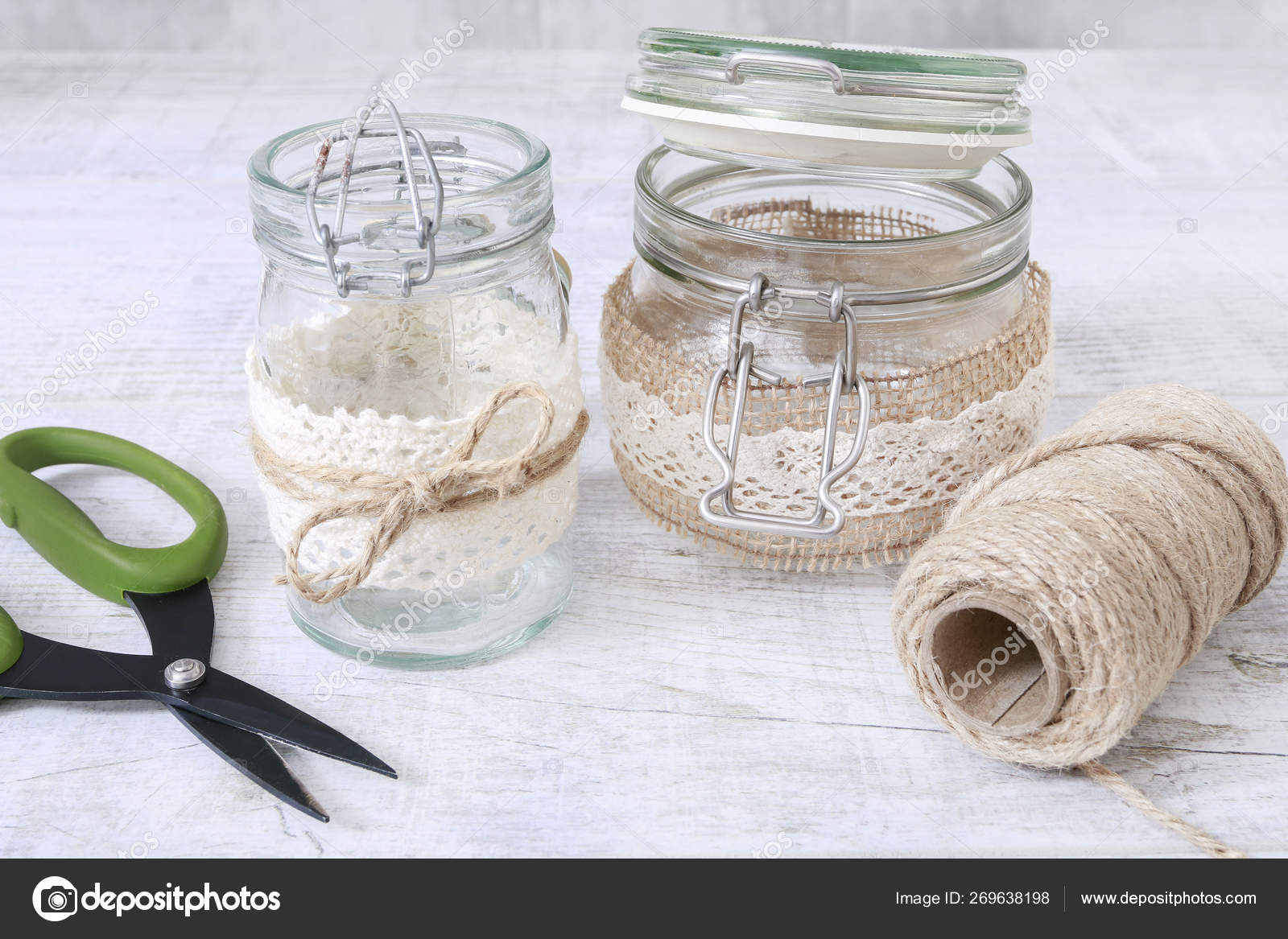 How To Make Glass Jar Decorated With Lace And String Stock Photo