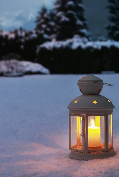 Lantern in winter garden — Stock Photo, Image