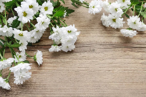 Witte chrysanten bloemen op houten ondergrond — Stockfoto