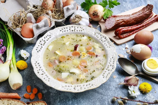 The sour rye soup made of soured rye flour and meat — Stock Photo, Image