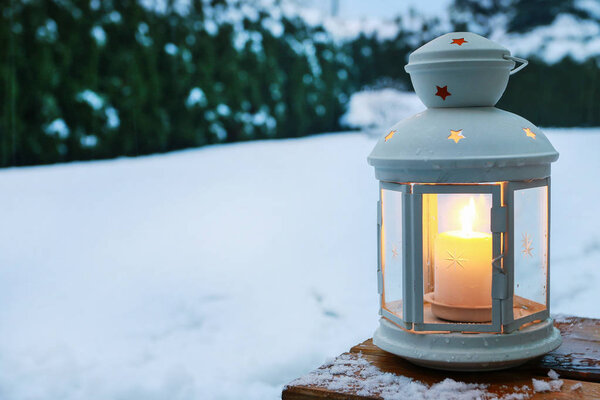 Lantern in winter snowy garden. 