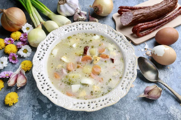 The sour rye soup made of soured rye flour and meat — Stock Photo, Image