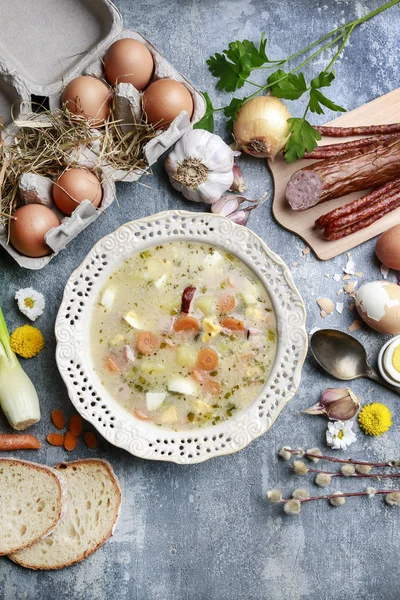 The sour rye soup made of soured rye flour and meat — Stock Photo, Image