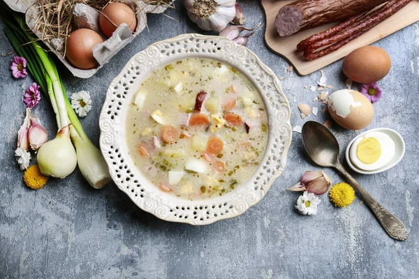 The sour rye soup made of soured rye flour and meat — Stock Photo, Image