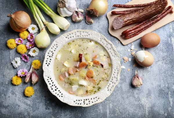 The sour rye soup made of soured rye flour and meat — Stock Photo, Image