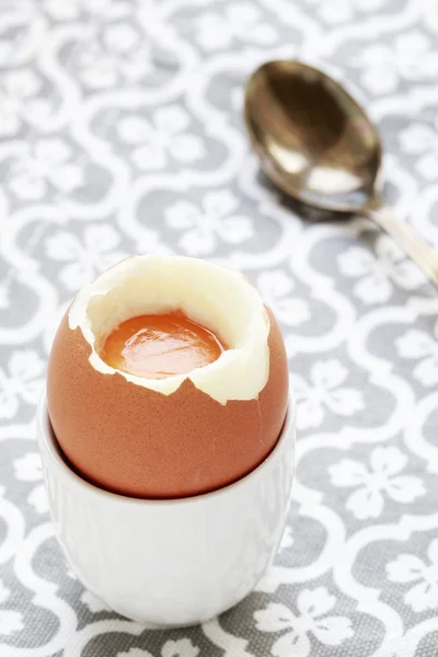Soft-boiled egg on breakfast table. — Stock Photo, Image