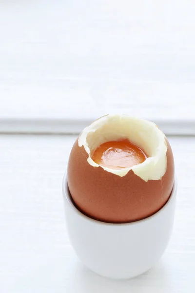 Soft-boiled egg on breakfast table. — Stock Photo, Image