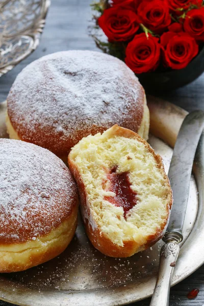 Fat Thursday celebration - traditional polish donuts filled with — Stock Photo, Image