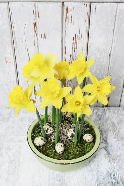 Pasen tafel decoratie met narcissen, eieren en mos in keramiek — Stockfoto