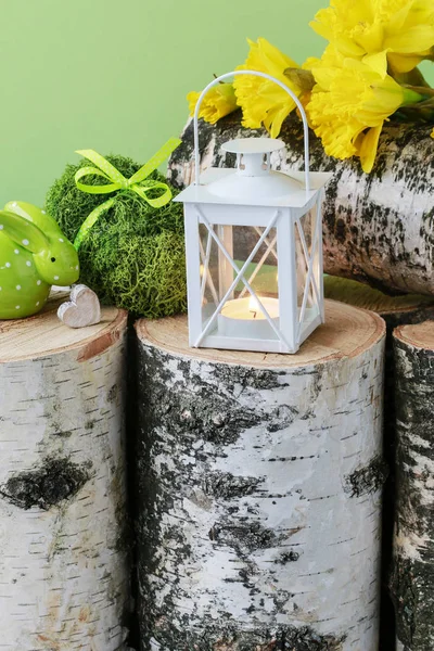 Décoration de Pâques avec lanterne blanche et jonquilles sur écorce . — Photo