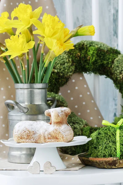 Yellow daffodils in vintage silver can. — Stock Photo, Image