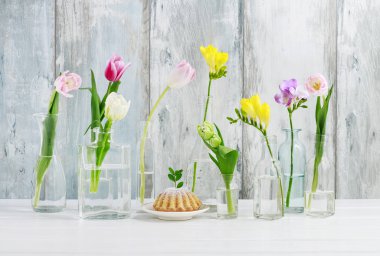 Cam şişelerde renkli çiçekler. Selamlar arka plan