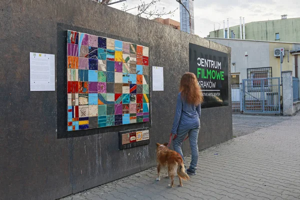Krakau, Polen-11 april 2018: Street Art, vrouw die naar mozaïek kijkt — Stockfoto