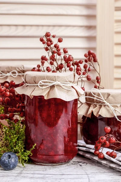 Frascos de vidrio con mermelada roja. Frutas de otoño alrededor . — Foto de Stock