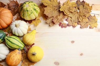 Ahşap arka planda Pumpkins ve renkli yaprakları.