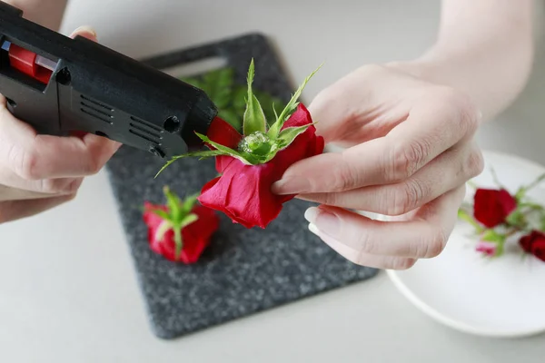 Hur man gör en Hårklämma med färska blommor och ormbunke, tutorial. — Stockfoto