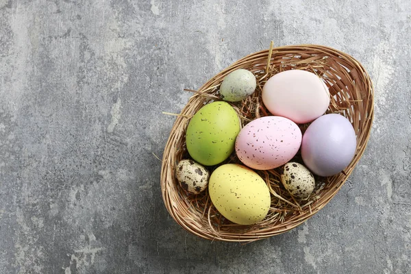 Basket of colorful Easter eggs on grey, stone background. — Stock Photo, Image