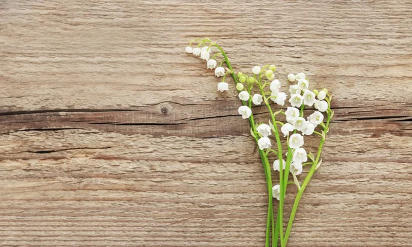 Maiglöckchen Blumen auf braunem Holzgrund — Stockfoto