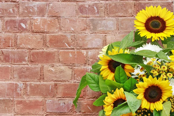 Bouquet of beautiful sunflowers on brick background