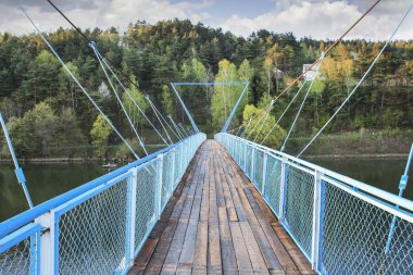 Derin nehir üzerinde ahşap köprü. 