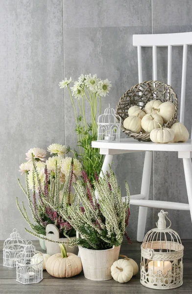 Vintage bird cage with candle inside and basket of white baby bo