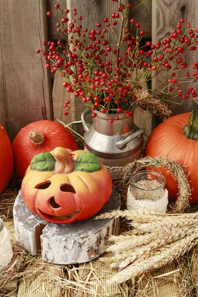 Осенние украшения тыквами, сеном, листьями и красивым лантом — стоковое фото