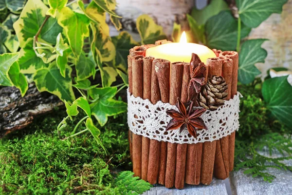 Candela decorata con bastoncini di cannella, muschio, foglie di edera — Foto Stock