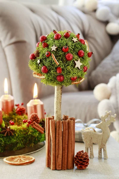 Decoración de Navidad en forma de árbol con musgo, palitos de canela y Fotos De Stock