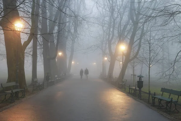 Sisin içinde yürüyen bir çift. Planty Park'ta Ekim sabahı