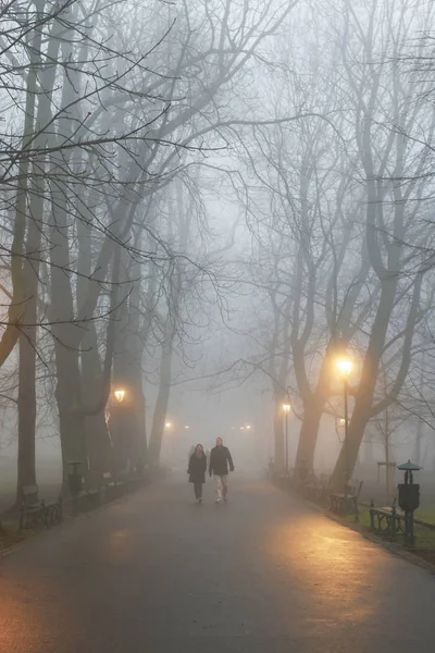 Ένα ζευγάρι που περπατάει στην ομίχλη. Το πρωί του Οκτωβρίου στο πάρκο Πλάντυ — Φωτογραφία Αρχείου