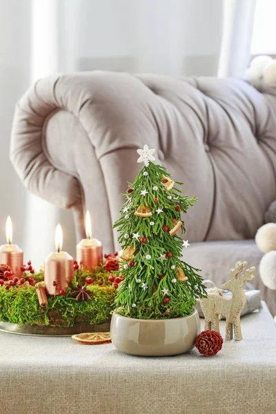 Decoração de Natal em forma de árvore com musgo, canela varas um — Fotografia de Stock