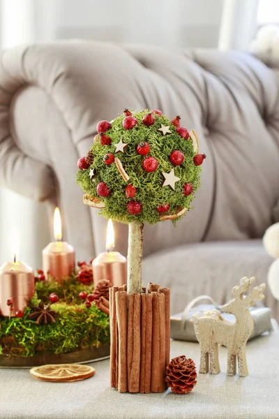 Decoración de Navidad en forma de árbol con musgo, palitos de canela y Imágenes De Stock Sin Royalties Gratis