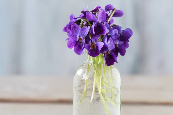 Ramo de minúsculas violetas (viola odorata) sobre mesa de madera —  Fotos de Stock