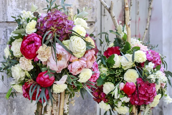 Floral background with roses, peonies, hortensias, carnations an