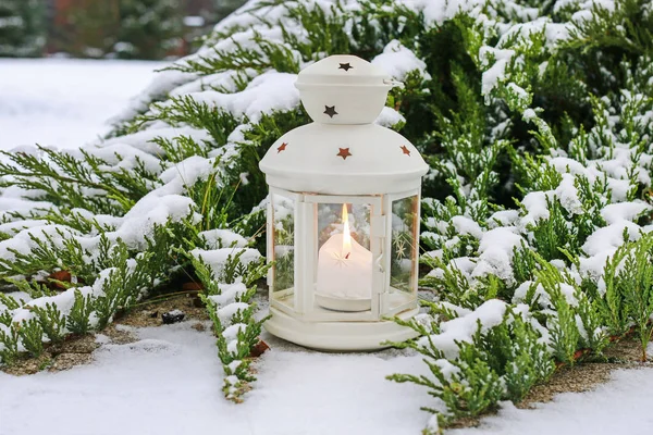 Lantaarn op sneeuw. Winter in de tuin. — Stockfoto