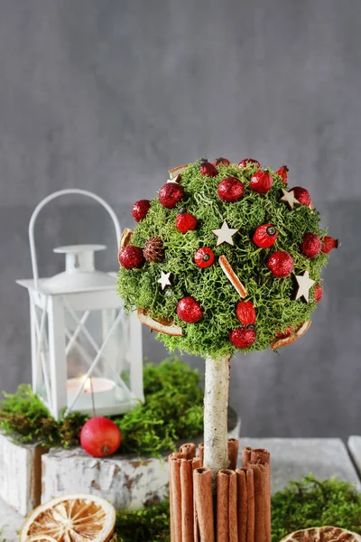 How to make beautiful Christmas decoration in tree shape with moss — Stock Photo, Image