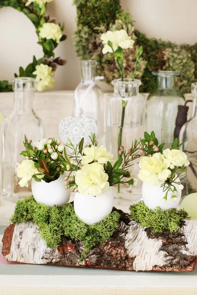 Pasen decoratie met eierschaal, anjer bloem, Buxus, Chame — Stockfoto