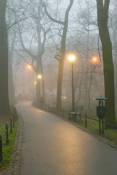 Krakow, Polonya - 06 Aralık 2015: Planty Park'ta sisli akşam