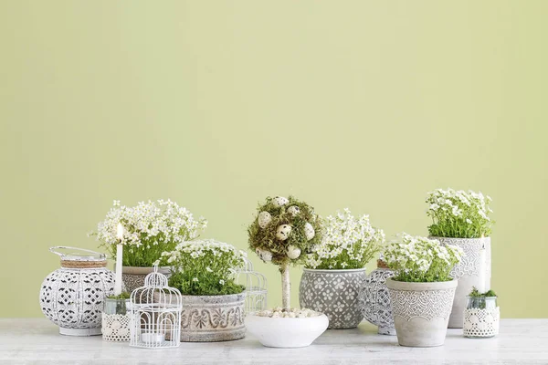 Prachtige paasversiering met bloemen, mos en kaarsen. — Stockfoto