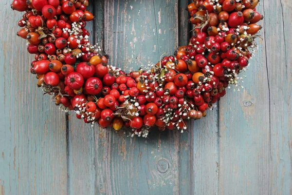 Holiday door wreath with rose hip, hawthorn and rowan berry — Stock Photo, Image