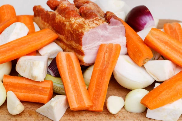 Vlees Groenten Die Nodig Zijn Bouillon Bereiden Kooktijd — Stockfoto